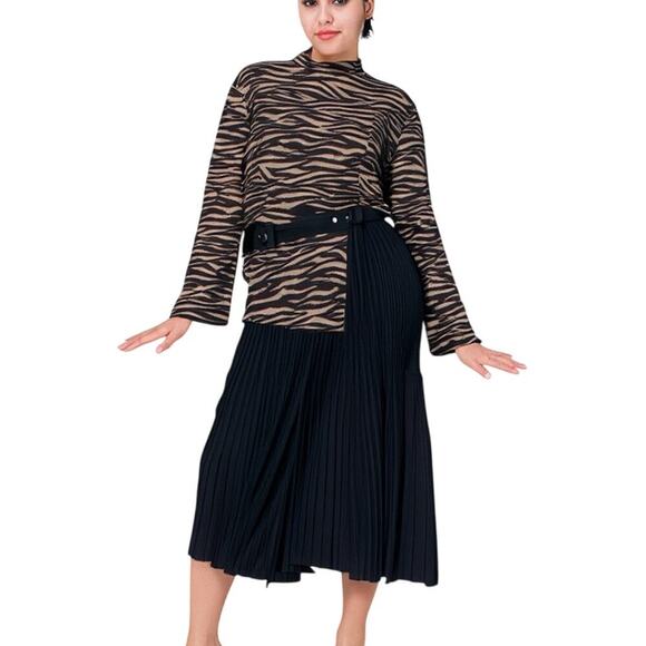 A.L.C. Zebra Animal Print Pleated Midi Dress Black Long Sleeve Size 14 - Picture 1 of 15